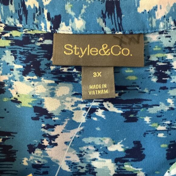 Style & Co NWT Women's Plus 3X Blue Pintuck 3/4 Bell Sleeve V Neck Tunic Blouse - Picture 5 of 13